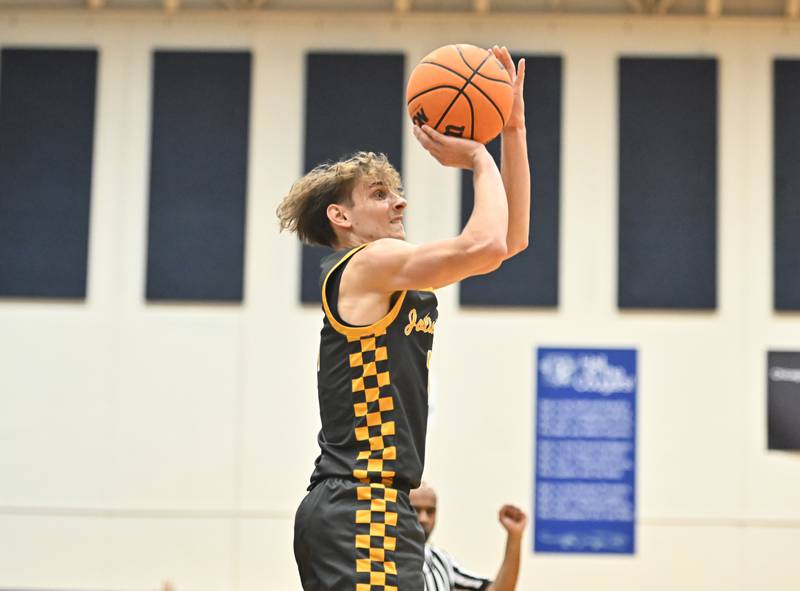 Joliet West's Ryan Lipke shoots a 3 point shot during the conference game against Plainfield South on Friday, DEC. 05, 2025, at Plainfield.