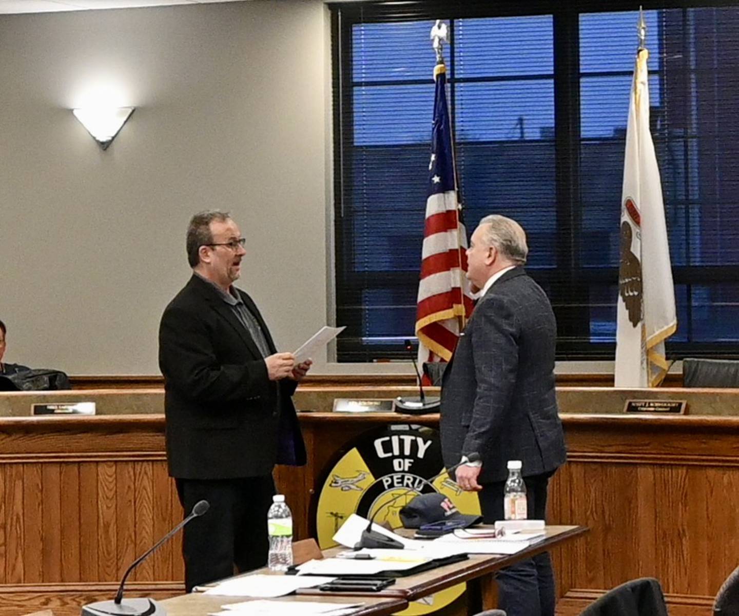 3rd Ward Alderman Rick O’Sadnick being sworn-in by Peru Mayor Ken Kolowski during an April 24 city council meeting.