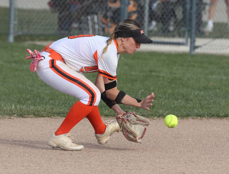 DeKalb's Ayla Baty-Gould fields a ground ball Wednesday, April 16, 2025, during their game against Naperville Central at DeKalb High School.
