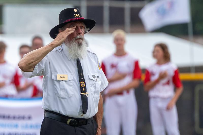 Gary Bruno salutes during National Anthem on Friday, July 11, 2025 at Washington Park in Peru.