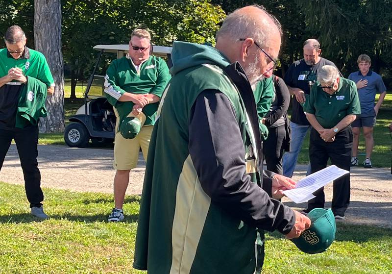 Abbot Emeritus Philip Davy speaks at a ceremony naming the St. Bede football field after him on Saturday, Oct. 1, 2022.