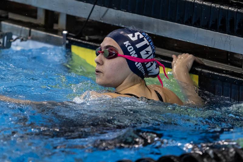 Dundee-Crown’s Anastasia Komarove competes in the 200 Yard Medley Relay during the IHSA Girls State Swimming Preliminaries at FMC Natatorium in Westmont on Nov. 14, 2025.