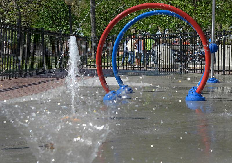 City workers test out the new splash pad at City Park in Streator. A grand opening ceremony will be Friday, May 25, 2018.
