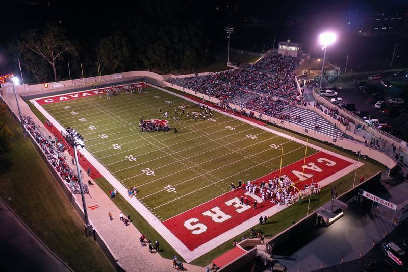 An aerial view of Howard Fellows Stadium as the Marching Cavalier band takes the field on Friday, Sept. 5, 2025