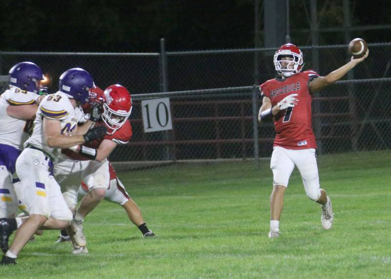 Hall quarterback Dylan Glynn throws a pass against Sherrard on Friday, Sept. 19, 2025 at Richard Nesti Stadium.