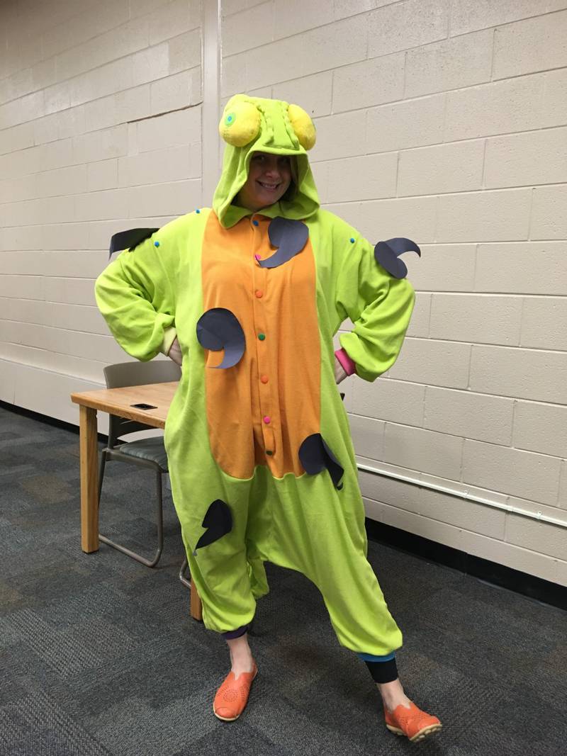 Michelle Erickson dressed as  "Comma Chameleon", she won best Halloween costume.