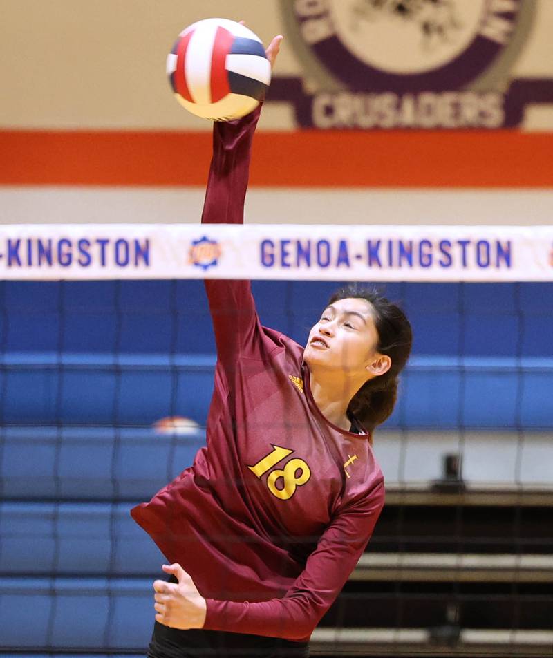 Montini's Francesca Lorenzo spikes the ball during their match against Genoa-Kingston Tuesday, Sep. 5, 2023, at Genoa-Kingston High School.