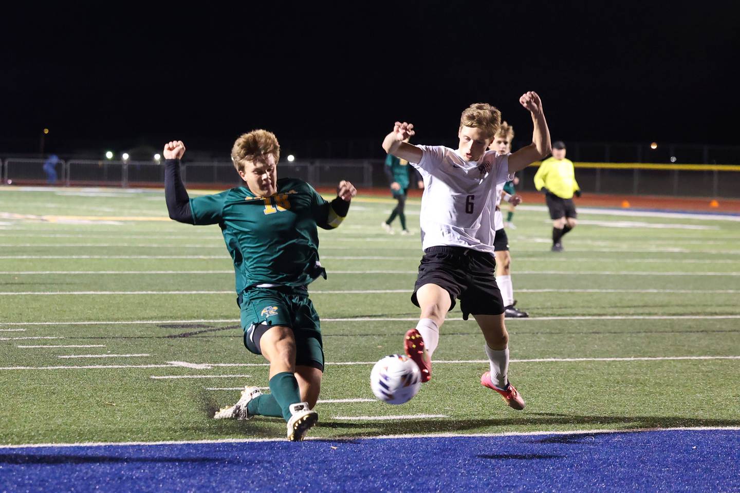Coal City’s Julian Micetich, left, attempts a shot on goal under pressure from Williamsville's Aiden Morgan during the Coalers' 1-0 victory over Williamsville in the IHSA Class 1A Maroa-Forsyth Super-Sectional on Monday, Nov. 3, 2025.