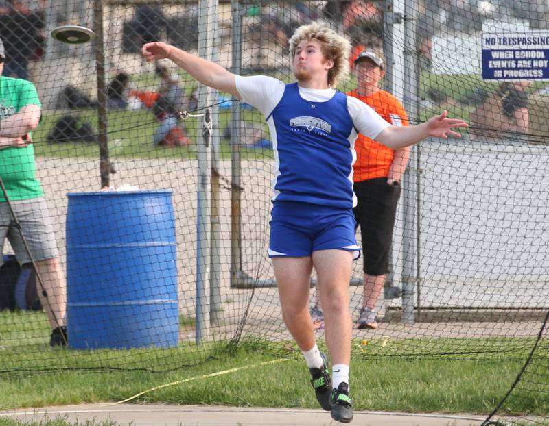 Princeton's Ian Morris competes in the discus during the Class 2A track sectional meet on Wednesday, May 17, 2023 at Geneseo High School.