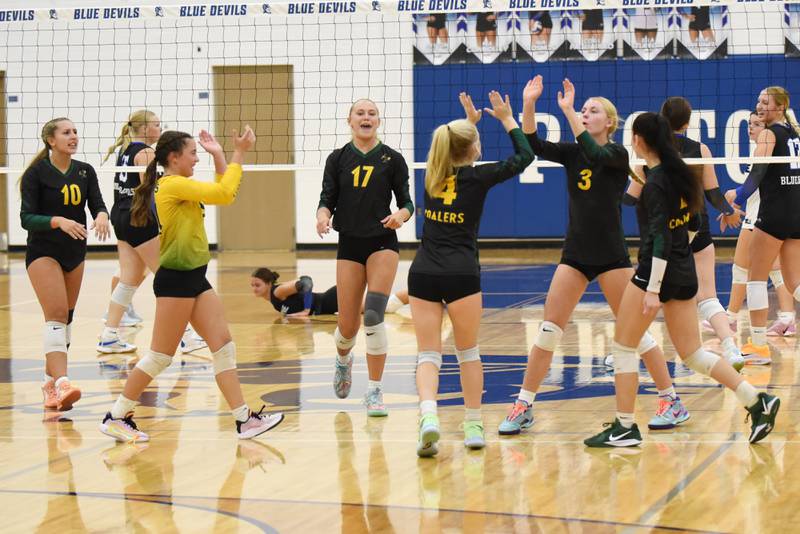 Members of the Coal City girls volleyball team celebrate a point scored during their game at Peotone Thursday, Sept. 18, 2025.