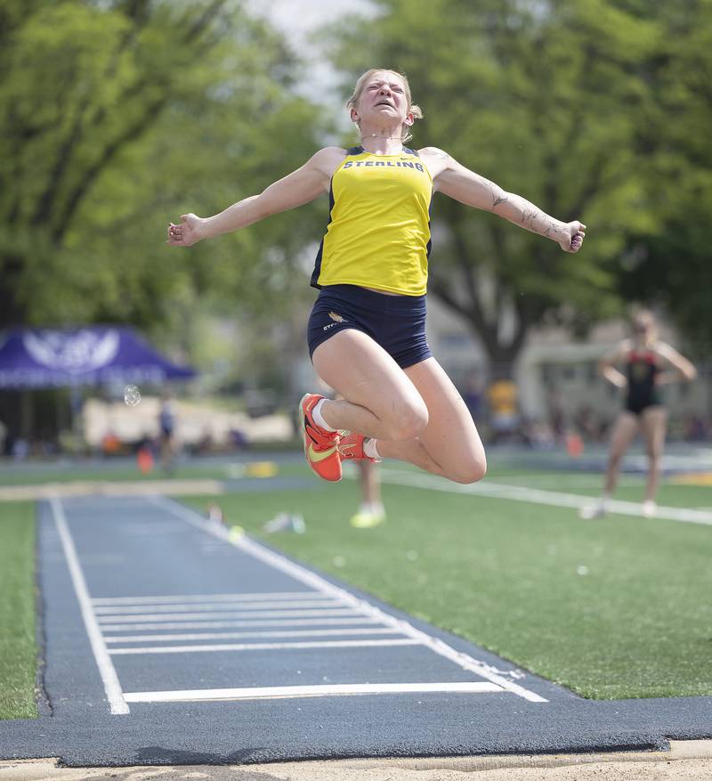 Sterling’s Addison Robbins takes off in the long jump Wednesday, May 14, 2025, during Sectionals at Sterling High School.