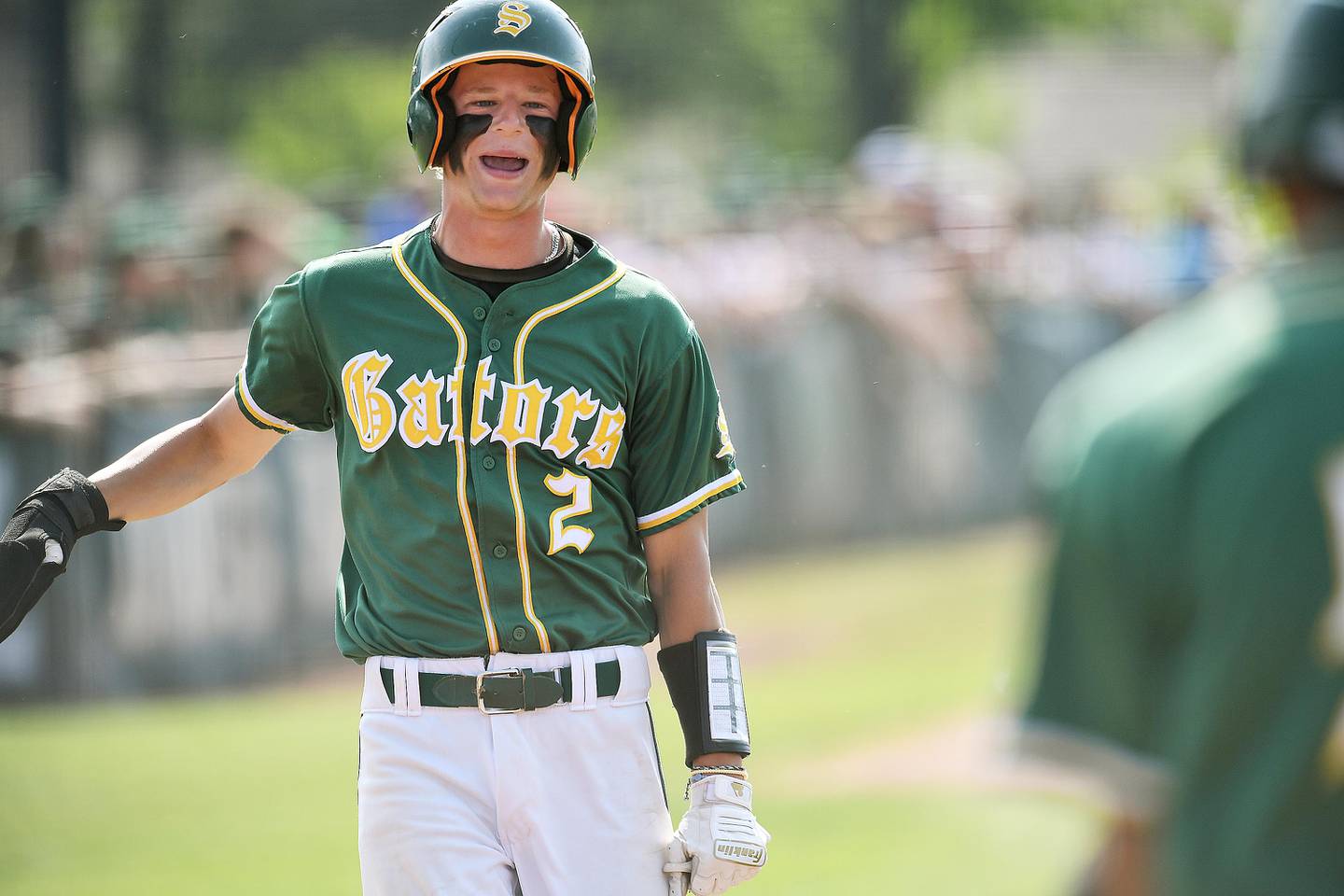 Crystal Lake South’s Ryan Skwarek reacts as he scores in the first inning against Grayslake Central in a 3A sectional semifinal baseball game in Grayslake on Thursday, June 1, 2023.