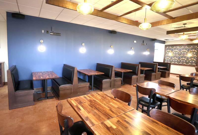 Some of the booths and tables Thursday, March 23, 2023, at The Grove restaurant and bar in DeKalb. The new eatery plans to open its doors upon completion within the next few weeks.