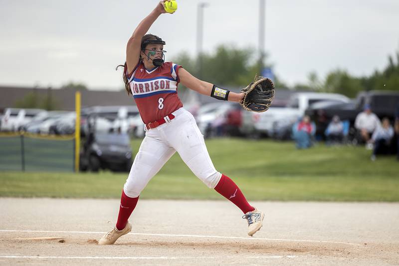 Morrison’s Ava Duncan winds up for a pitch against Fulton Friday, May 22, 2026, at the Class 1A softball regional at Newman High School.