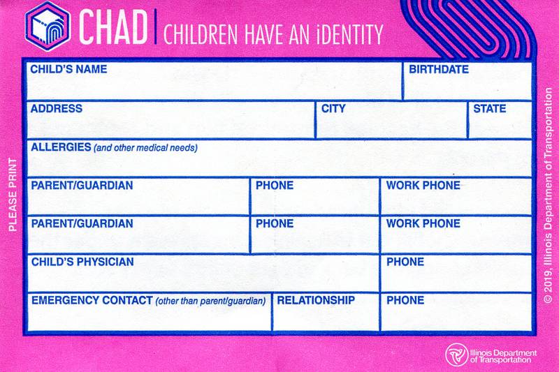 The CHAD sticker is filled out and placed on the back of a car safety seat.