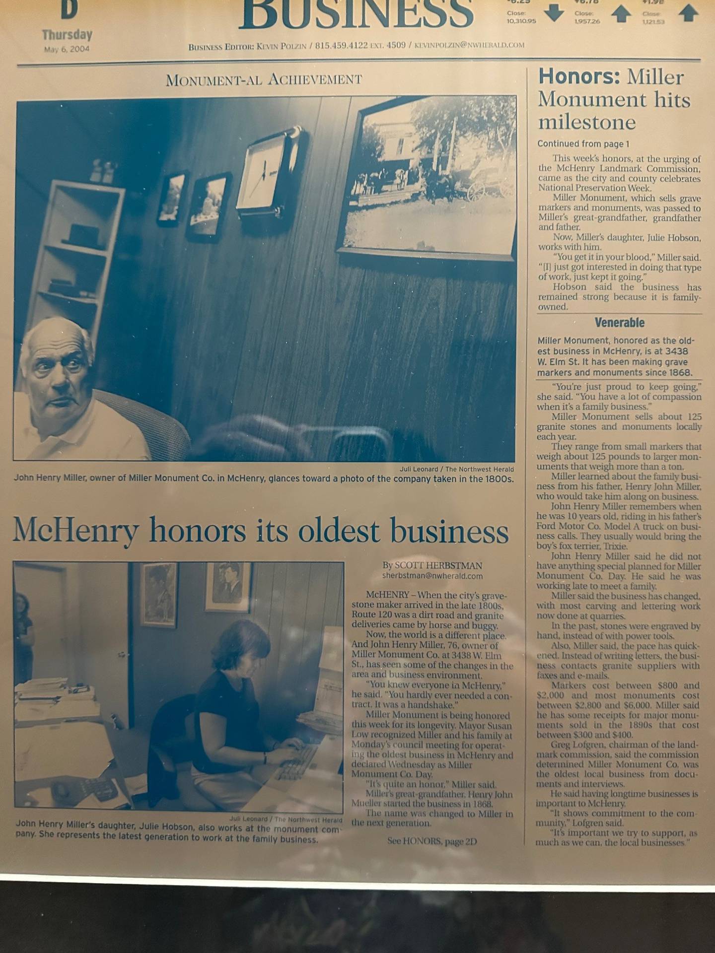 A framed 2004 Northwest Herald article proclaiming “Miller Monument Company Day” in McHenry still hangs on the office wall, honoring the family business’s legacy since 1868.