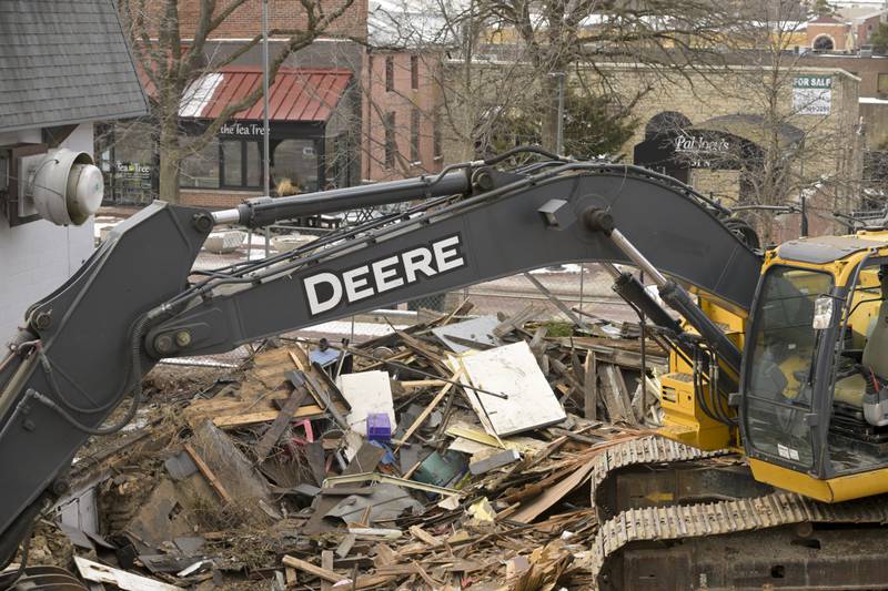 The historic 1890s Tin Shop building is being demolished, to make way for a downtown plaza with a public restroom facility and seating, on Wednesday, Jan 21, 2026 in Batavia.