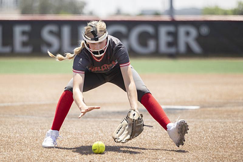 Charleston’s Addison Schrader fields a ball off the mound against Antioch Friday, June 9, 2023 in the class 3A state softball semifinal.