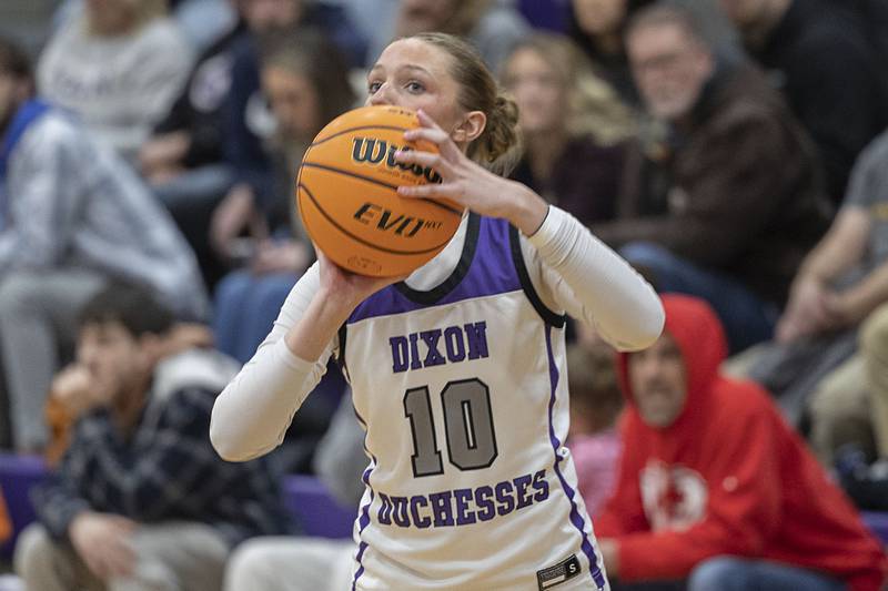 Dixon’s Addy Lohse spots up a shot against Stillman Valley Saturday, Feb. 7, 2026.