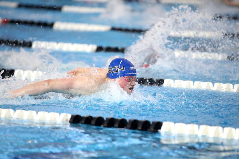St. Charles North’s Thomas McMillan competes in the 100-yard butterfly championship heat during the IHSA Boys State Championships on Saturday, March 1, 2025 at the FMC Natatorium in Westmont.
