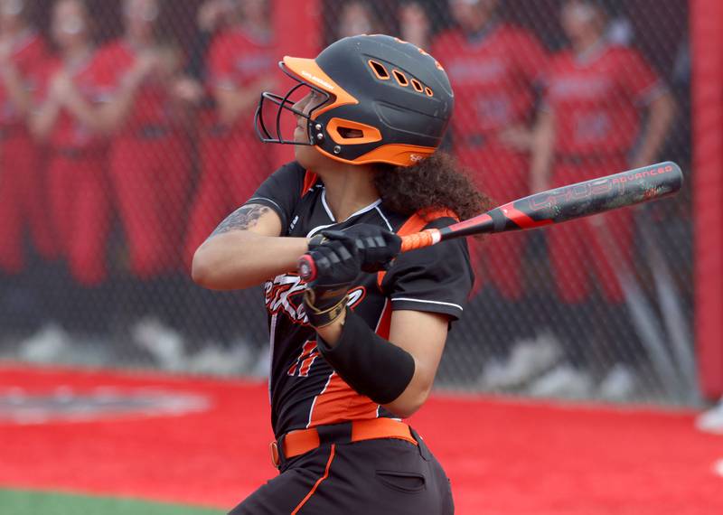 DeKalb’s Sydney Myles connects for a single against Huntley in IHSA Class 4A Sectional Semifinal softball action at Barrington High School in Barrington on Wednesday, June 4, 2025.