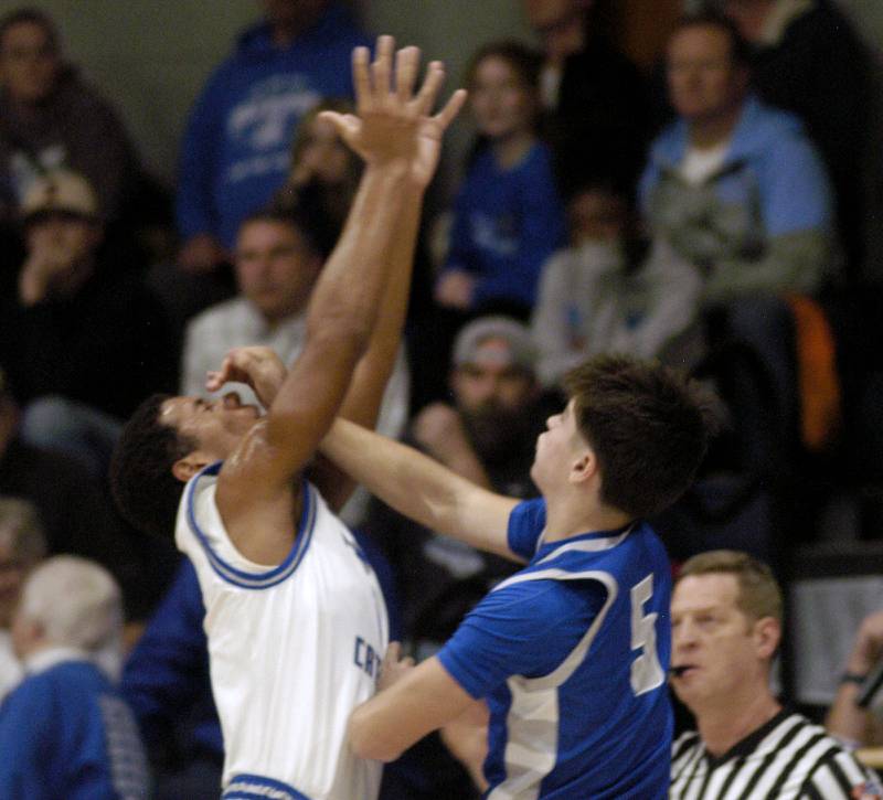 Newman's Tyson Williams takes a shot to the nose from Princeton defender Jach Oester.  Princeton's Jack Jester goes for a shot over a Newman defender. 1-3 Princeton played Newman (3-0) in a conference game. The matchup took place at Newman High School on Friday, December 5, 2025.