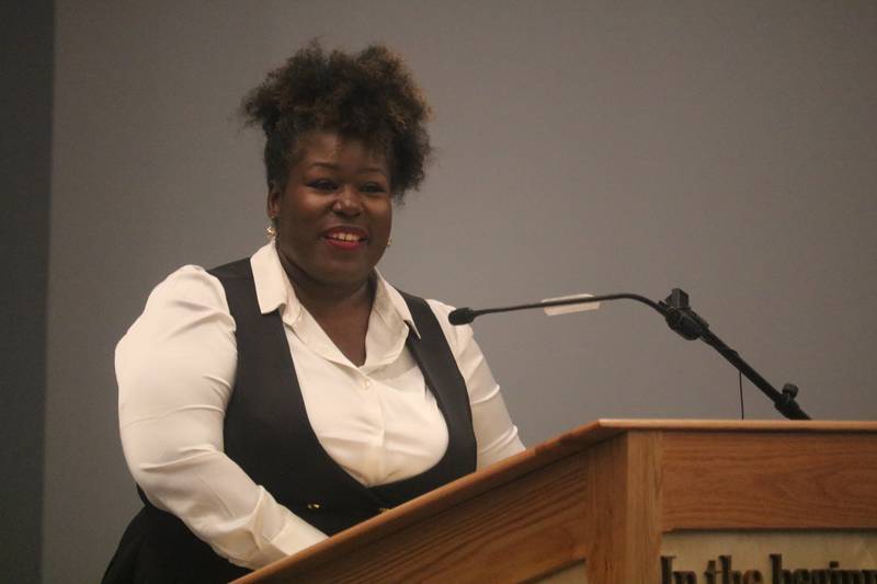 Danita Sims, instructor and program director at Opportunity DeKalb's Breakthrough Community Business Academy, provides remarks Monday, June 2, 2025, before a crowd on hand at First United Methodist Church in DeKalb for the graduation of Breakthrough Community Business Academy's spring 2025 cohort.