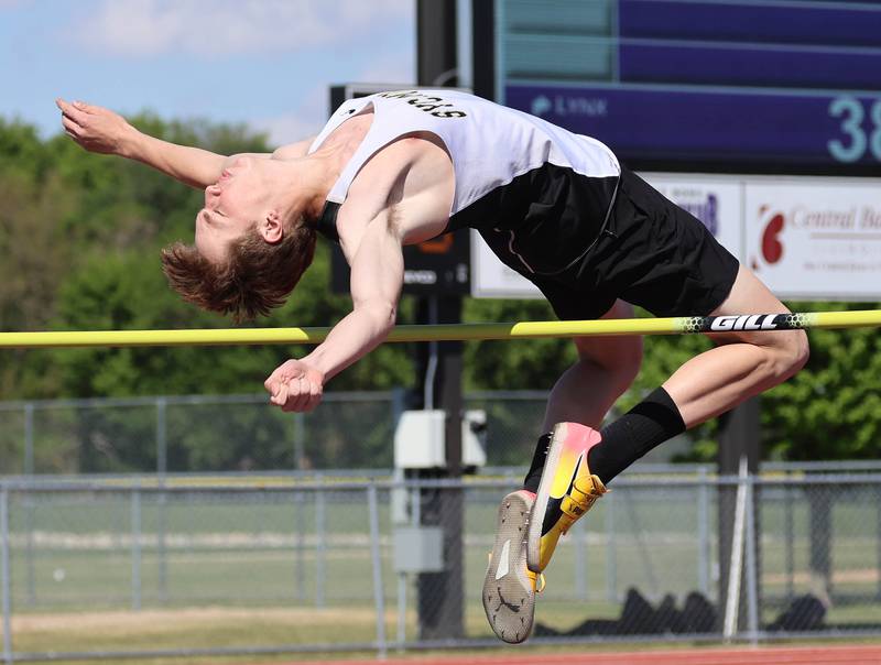 Sycamore’s Cohen Jennings participates in the high jump Wednesday, May 20, 2026, during the Class 2A boys track sectional at Rochelle High School.