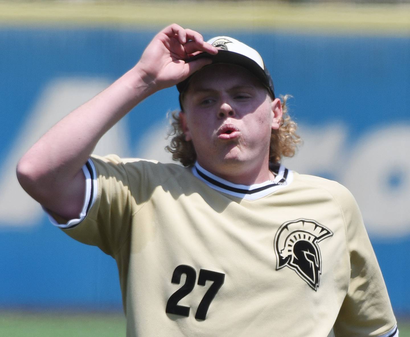 Joe Lewnard/jlewnard@dailyherald.com
Sycamore pitcher Jimmy Amptmann reacts after a pitch was called a ball, resulting in a Nazareth walk during the Class 3A state baseball semifinal in Joliet Friday.