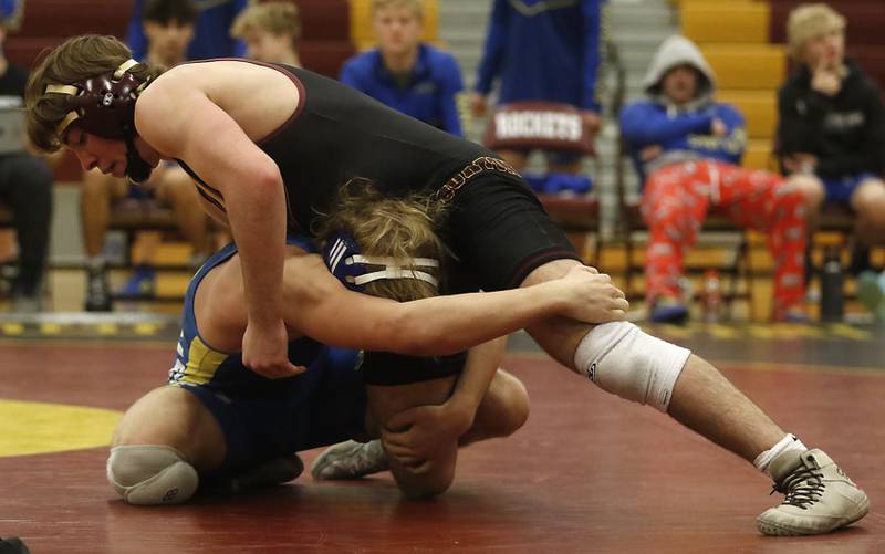 Richmond-Burton's Brody Rudkin controls Johnsburg's Nick Leight during the 150-pound match of a Kishwaukee River Conference wrestling match on Thursday, Jan. 25, 2024, at Richmond-Burton High School.