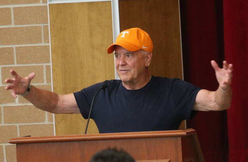 Richard Schwarzbach speaks to the Illinois Health Facilities and Services Review Board during a public hearing regarding OSF St. Elizabeth Hospital's plans to reduce services on Tuesday, June 10, at Central Intermediate School in Ottawa.