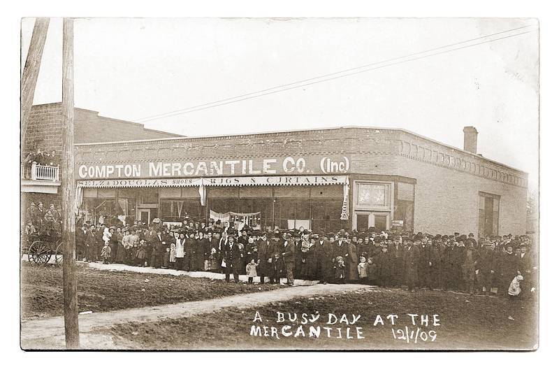 The Compton Mercantile Company, seen here circa 1909.  According to the  “History of Lee County” book, published in 1914,  the store was considered “one of the commodious stores of the county” and transacted “an enormous annual business.” A transcript of the section on Melugins Grove Township can be found at https://ahgp.org/ill/melugins-grove-township-lee-county-illinois.html