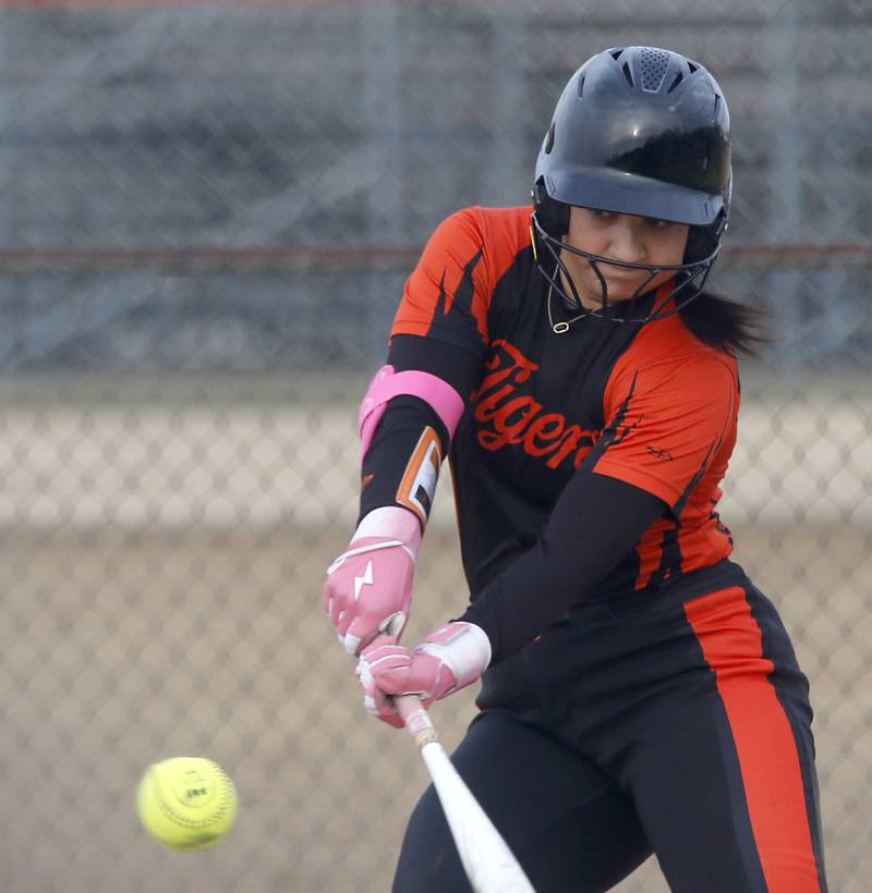 Crystal Lake Central's Logan Grams hits the ball during a nonconference softball game against Wauconda on Friday, March 20, 2026, at Crystal Lake Central High School.
