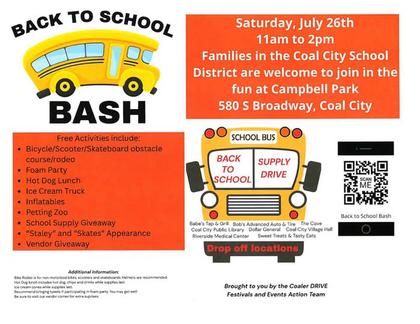 The flyer for Coaler DRIVE's Back to School Bash that runs from 11 a.m. to 2 p.m. Saturday, July 26 at Campbell Park, 580 S. Broadway St.