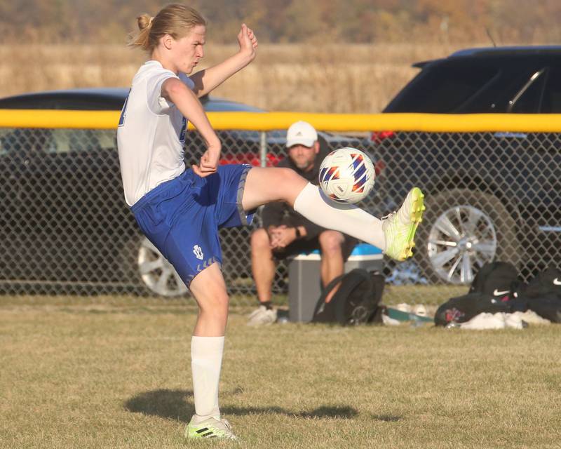 Princeton's Phillip Goodale kicks the ball into Mendota territory during the Class 1A Regional final game on Tuesday, Oct. 22, 2024 at Serena High School.