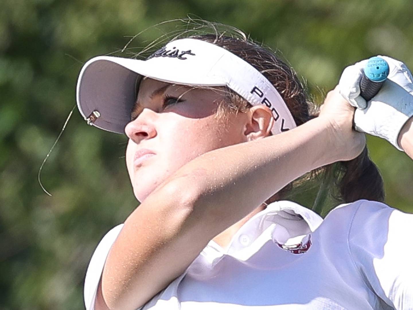 Plainfield North’s Kiley Sanborn tees off the seven hole at the Plainfield North Class 2A Regionals onTuesday, Oct. 1, 2024 at Whitetail Ridge Golf Course..