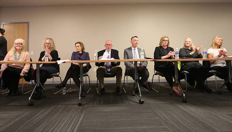 Eight candidates are vying for three seats in the April 4 election on Wednesday, March 22, 2023 at Illinois Valley Community College in Oglesby. Candidates gathered at the forum are (from left) Crystal Loughran, Teresa Schmidt, Julie Ajster, Bill Hunt, Jay McCracken, Angie Stevenson, Lori Ganey, and Rebecca Donna.