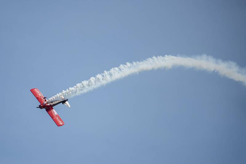 Comedian Erik Edgren performs some high flying stunts Saturday, July 23, 2022 during the Wings over Whiteside airshow. Channeling his character Hobie Washburn, Edgren flies in a haphazard style under the guise of an untrained person who has accidentally taken controls of the plane.