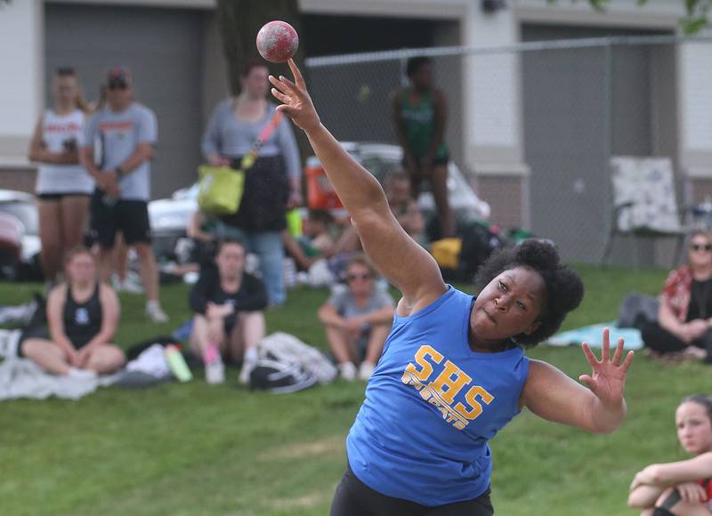 Somonauk's Salena Norris competes in the shot put during the Class 1A Sectional track meet on Thursday, May 15, 2025 at Seneca High School.