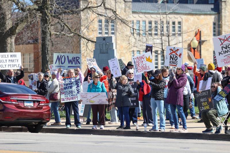 Protesters participate in the No Kings rally at the Kankakee County Courthouse on March 28, 2026.