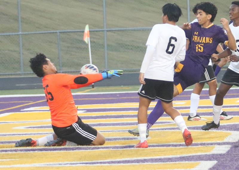 Mendota's Luis Ramirez kicks the ball directly into the Kewanee keeper during the Three Rivers Tournament on Thursday, Oct. 2, 2025 at Mendota High School.