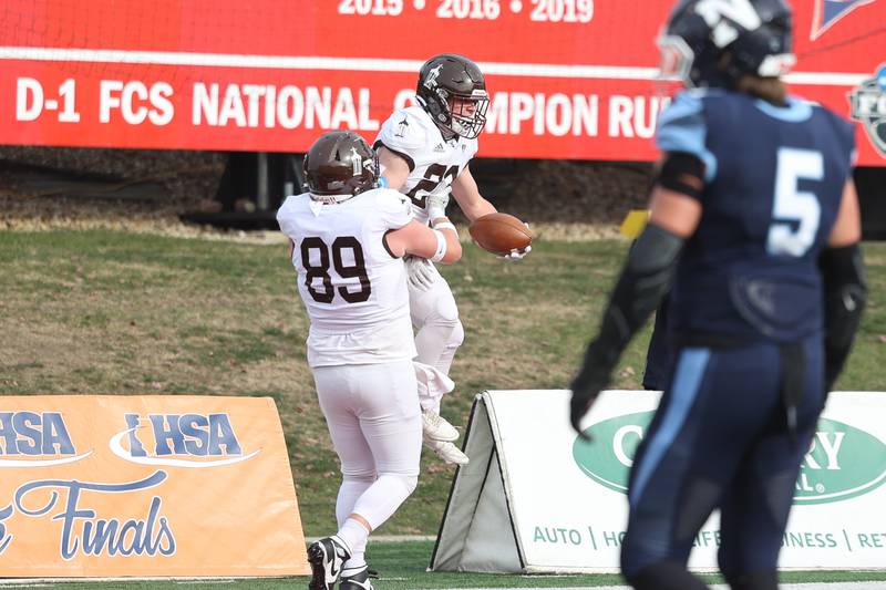 Joliet Catholic’s Keegan Farnaus celebrates a touchdown against Nazareth in the Class 5A state championship on Saturday, Nov. 30, 2024 in Normal.