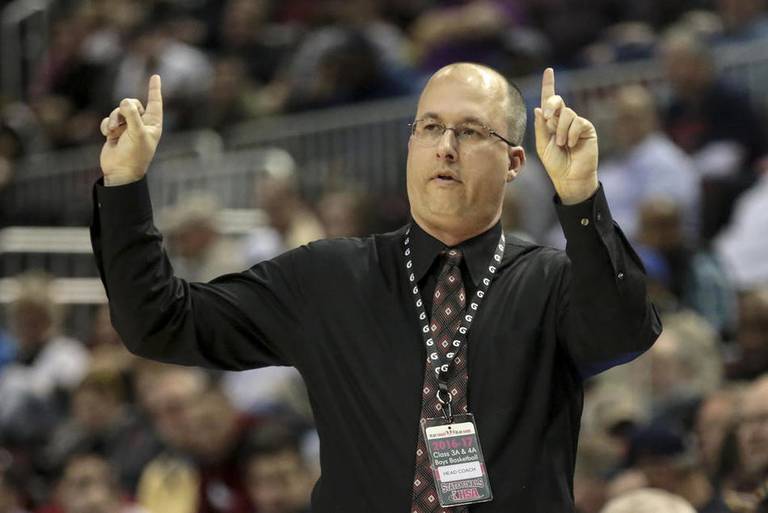 Bolingbrook's head coach Rob Brost gestures to the Raiders on Saturday, March 18, 2017, during the IHSA 4A Boys Basketball State Finals at the Peoria Civic Center Peoria, Ill. Bolingbrook defeated Fremd, 70-66. (Photo by Eric Ginnard - eginnard@shawmedia.com)