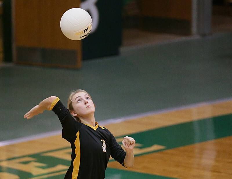 Putnam County's Megan Wasilewski serves the ball against Earlville in the Class 1A Regional game on Monday, Oct. 24, 2022 at St. Bede Academy in Peru.