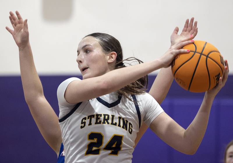 Sterling’s Madison Austin takes a pass against Eastland Thursday, Dec. 26, 2024, during the Dixon Girls Holiday Basketball Tournament.