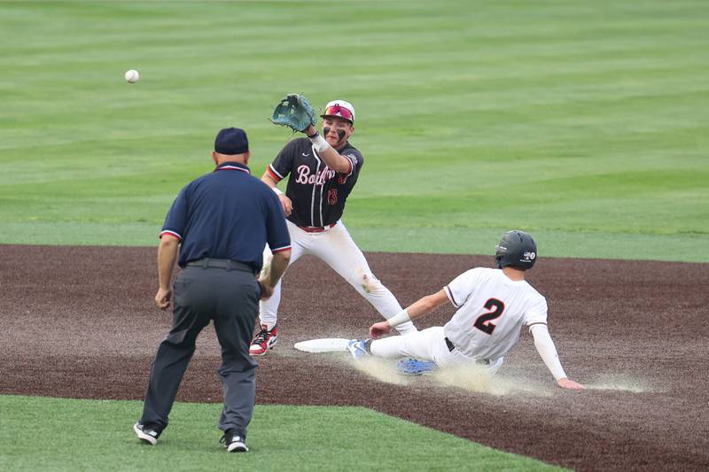 Bradley-Bourbonnais’ Kason Bynum catches a throw to second during the Boilermakers’ 2-0 loss to Normal Community in the IHSA Class 4A Illinois Wesleyan University Sectional semifinal on Thursday, June 5, 2025.