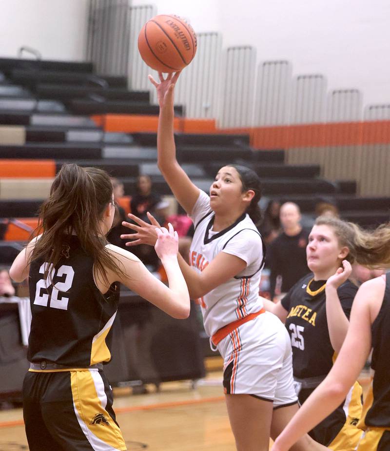 DeKalb's Alicia Johnson shoots over Metea Valley's Jamie Nosek during their game Thursday, Jan. 19, 2023, at DeKalb High School.