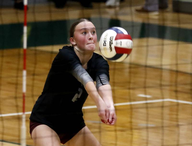 Prairie Ridge's Allison Rodgers bumps then ball forward during the IHSA Class 3A Crystal Lake South Sectional final volleyball match against Crystal Lake South on Thursday, Nov. 7, 2024, at Crystal Lake South High School.