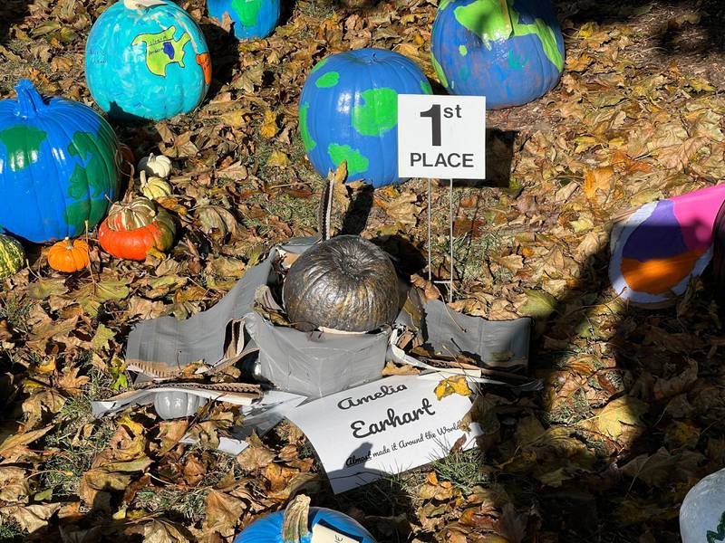 Avery Bjelland's Amelia Earhart pumpkin, seen here on Oct. 25, 2024, earned her first place in the 8-9-year-old section of the pumpkins around the world category.