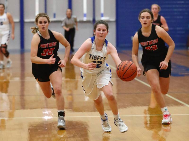 Princeton's Camryn Driscoll brings the ball up the floor against E-P in Saturday's championship game of the Princeton Holiday Tournament.
